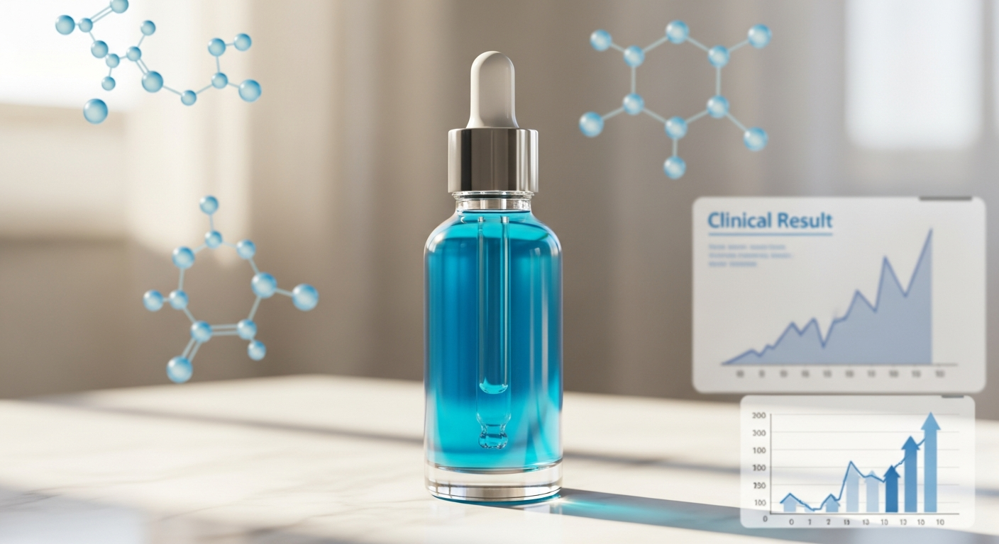 Advanced blue copper peptide serum bottle with scientific molecular structure visualization background