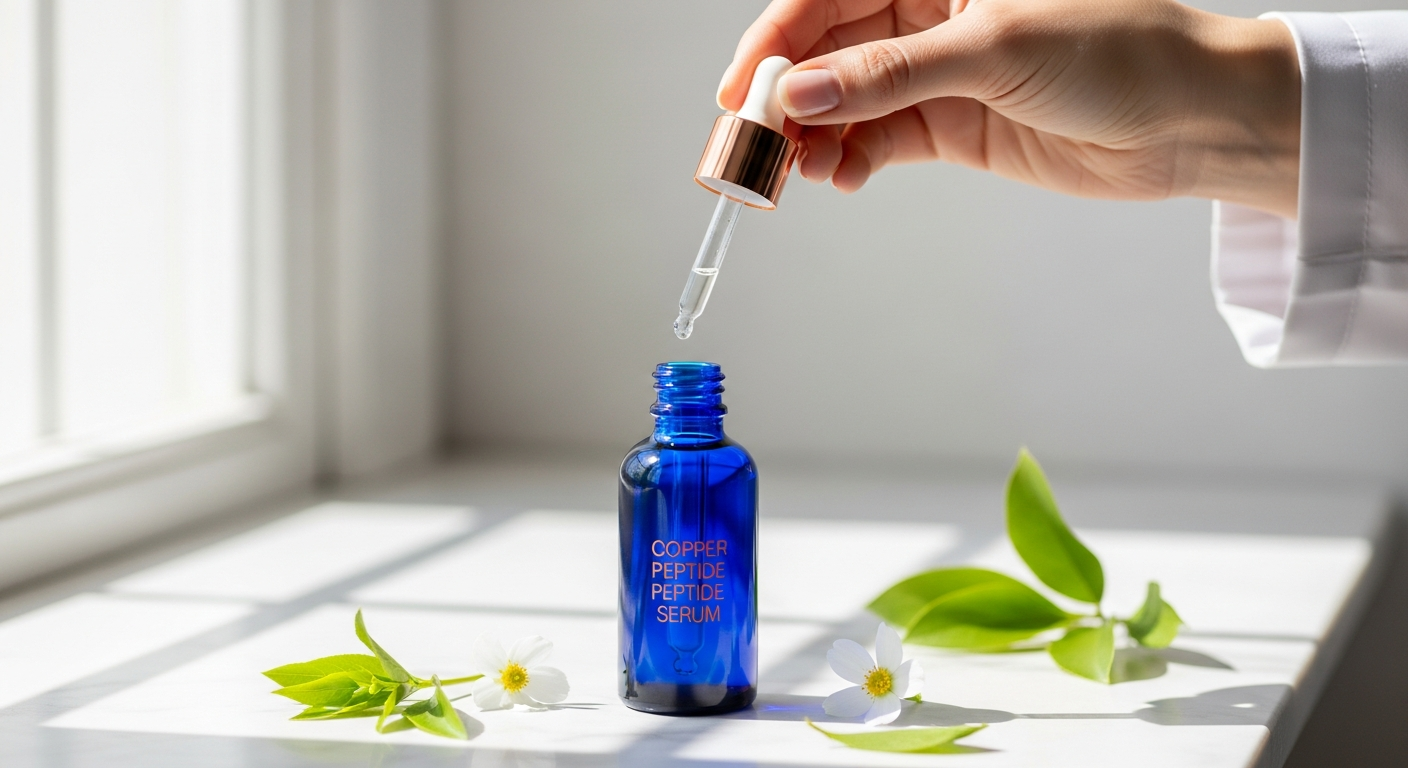 Blue copper peptide serum bottle with scientific molecular structure and anti-aging skincare ingredients displayed