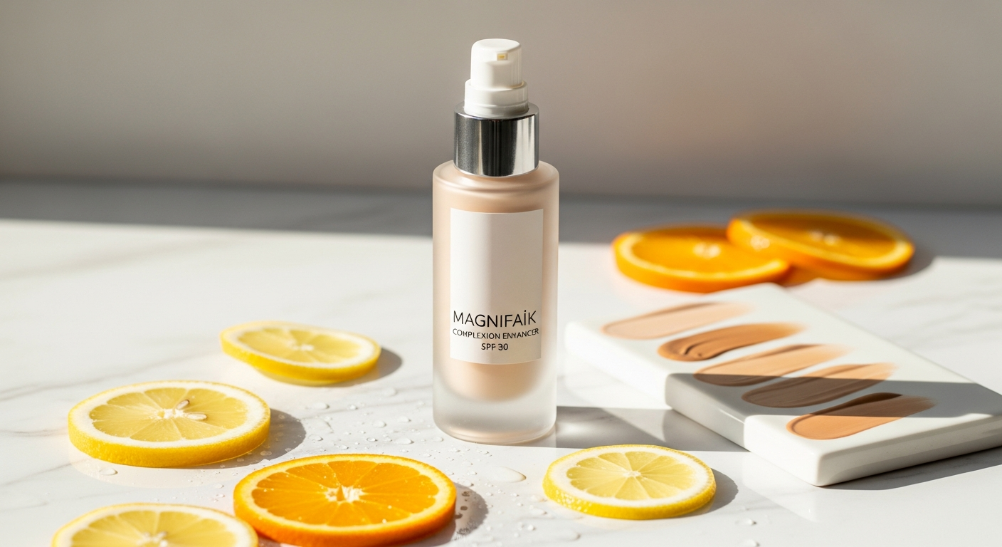 Magnifaïk Complexion Enhancer SPF 30 bottle with radiant glow on skin
