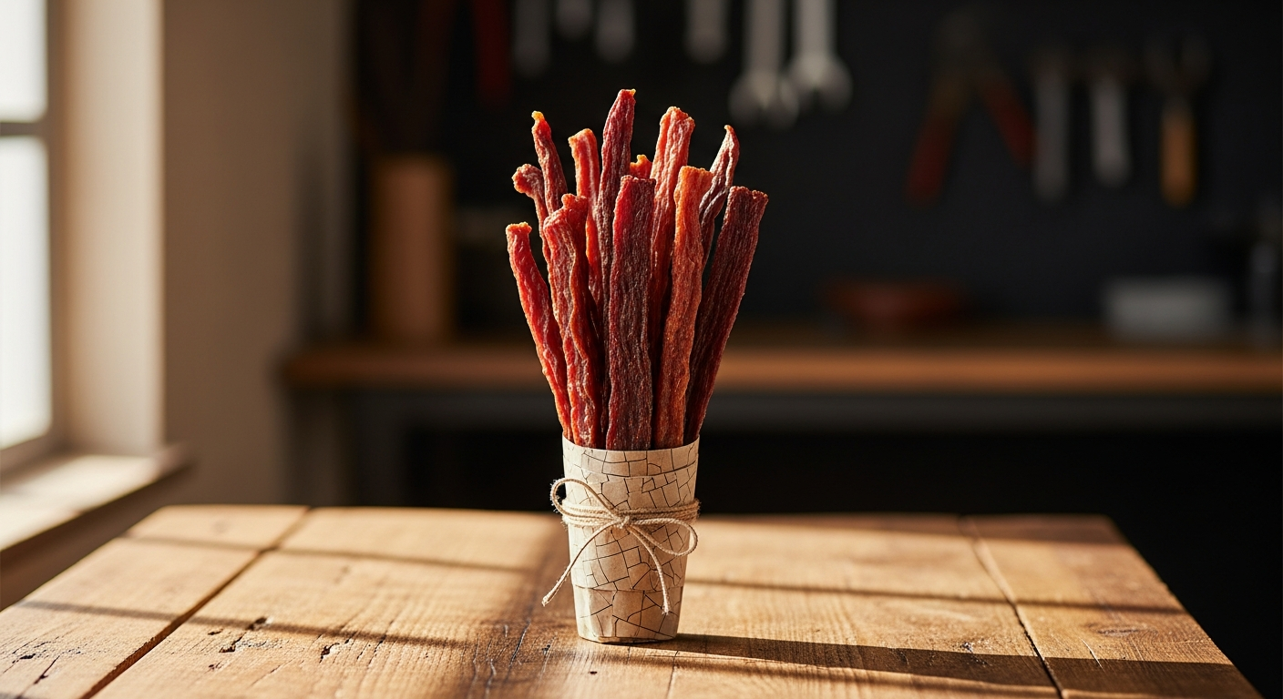 Gourmet beef jerky flower bouquet arranged in pint glass with thick-cut jerky strips