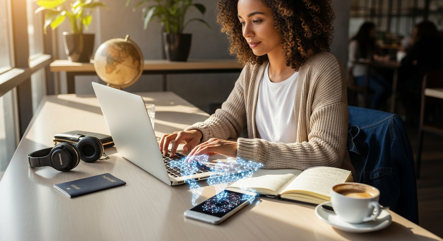 MobiMatter Global Annual eSIM Data Plan interface showing coverage map and data tier options for remote workers