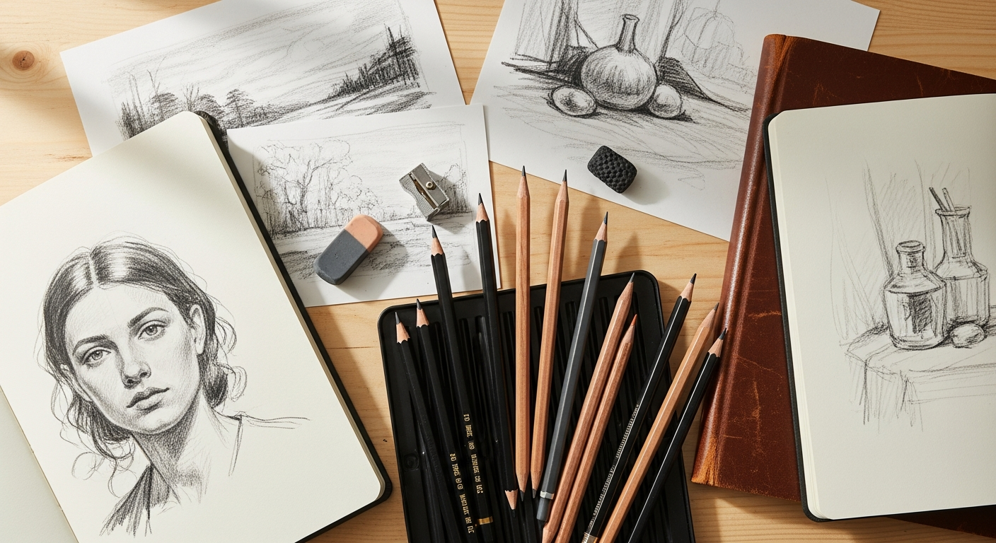 I Love Art Sketch Pencil Set with graphite pencils, charcoal pencils, blending stumps, and erasers displayed