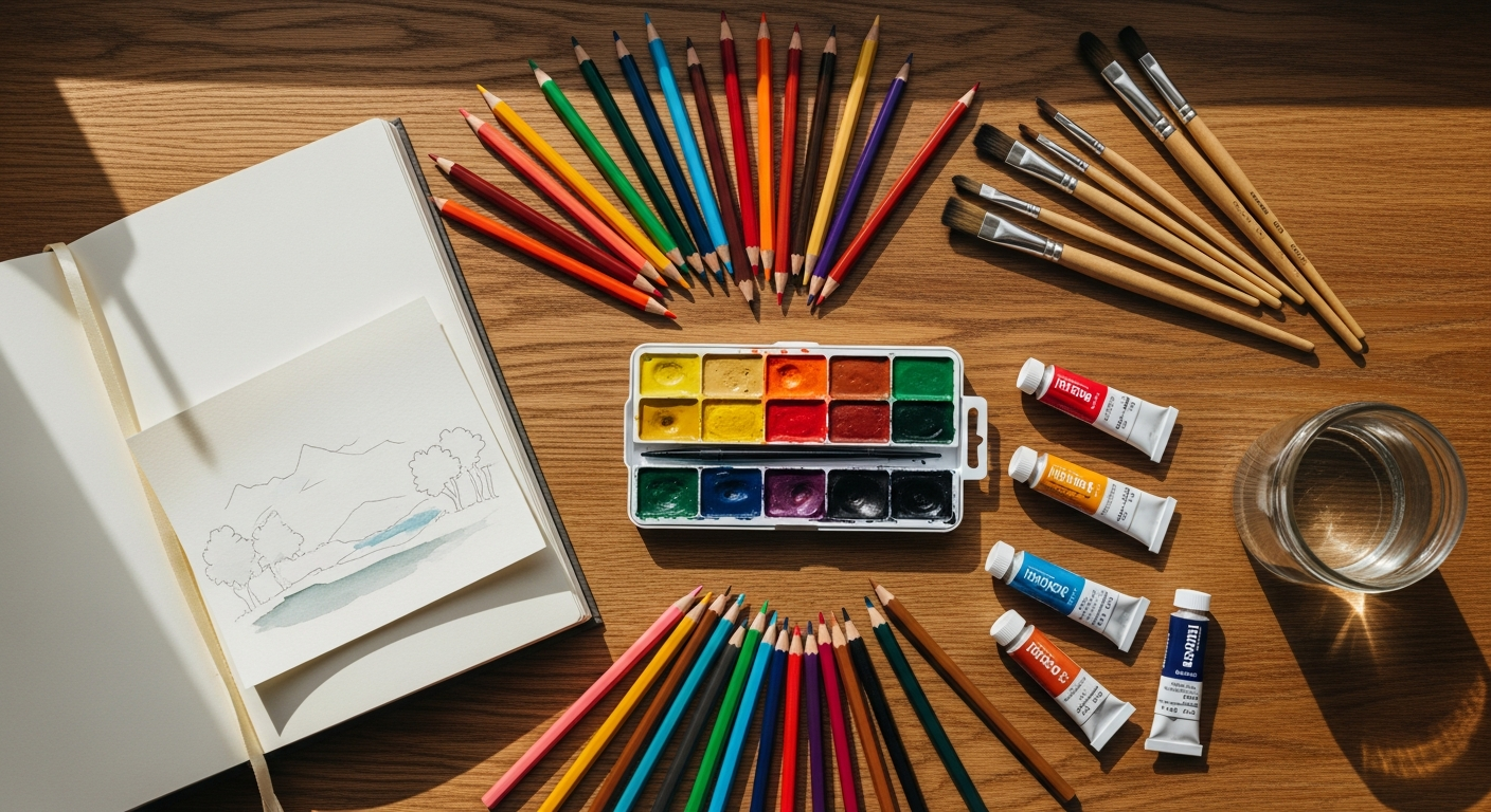 Colorful art supplies and materials arranged on a creative workspace surface