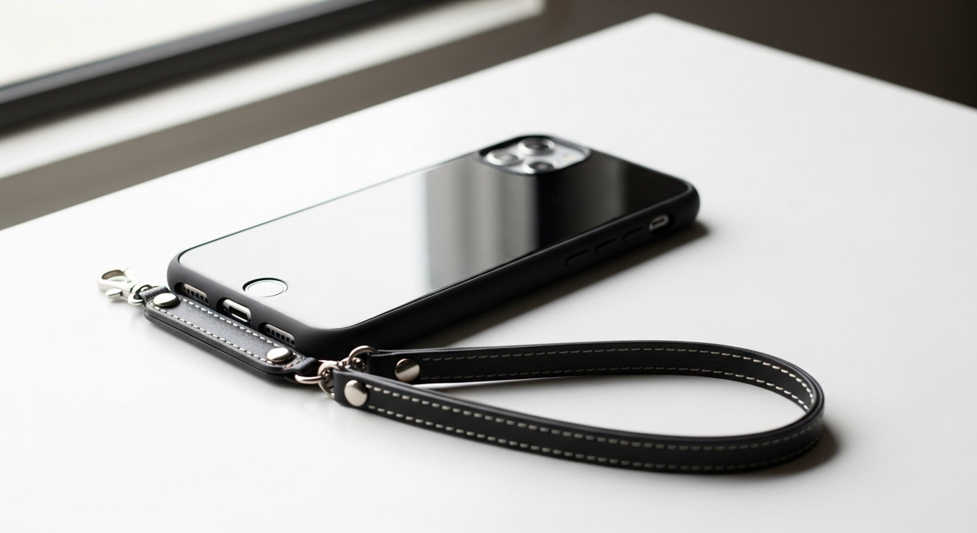 NILO Hamburg Premium Phone Case with Strap in colorful Greek-woven design displayed with carabiner attachment system