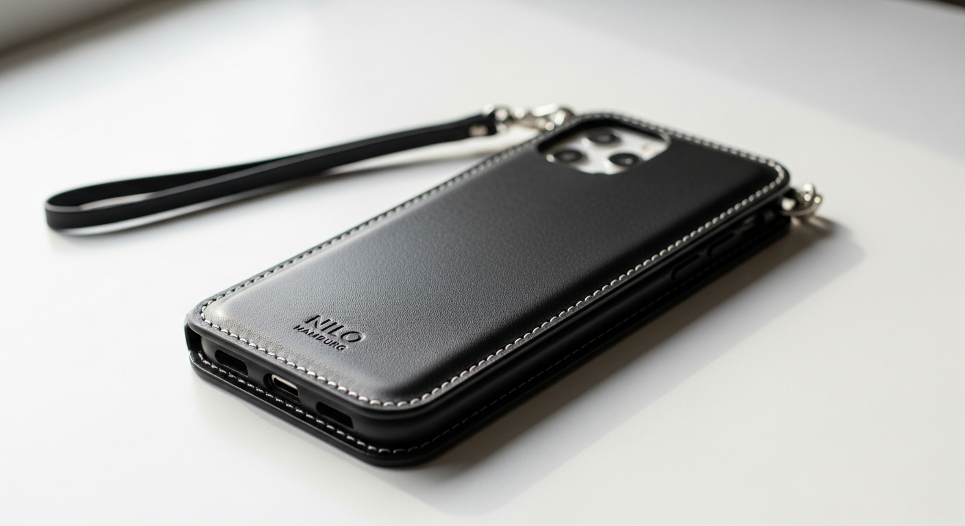 NILO Hamburg premium phone case with strap in multiple colors and patterns displayed on smartphone