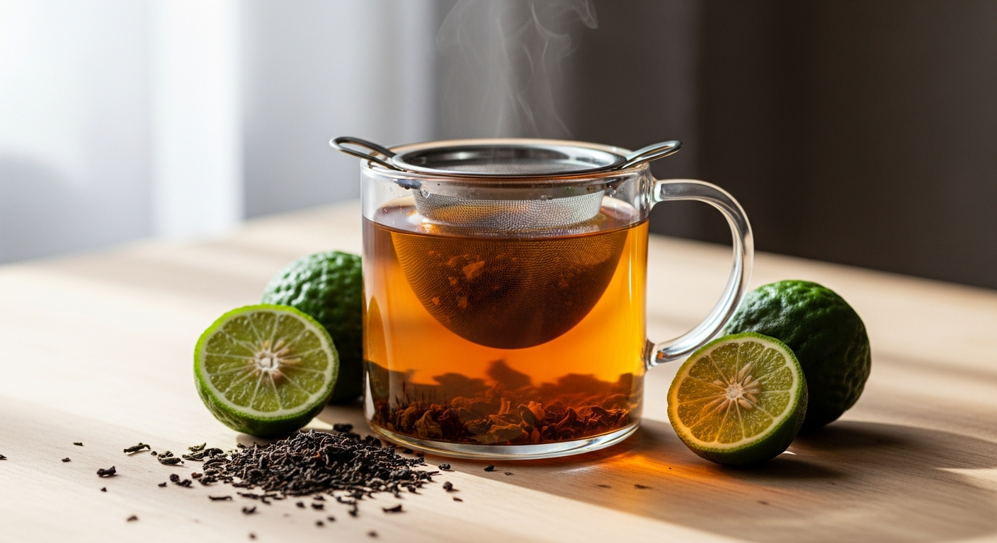 Numi Organic Aged Earl Grey Black Tea box with whole Italian bergamot fruit and loose black tea leaves