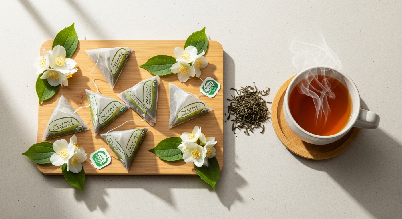 Numi Organic Jasmine Green Tea Bags with fresh jasmine flowers and green tea leaves displayed together