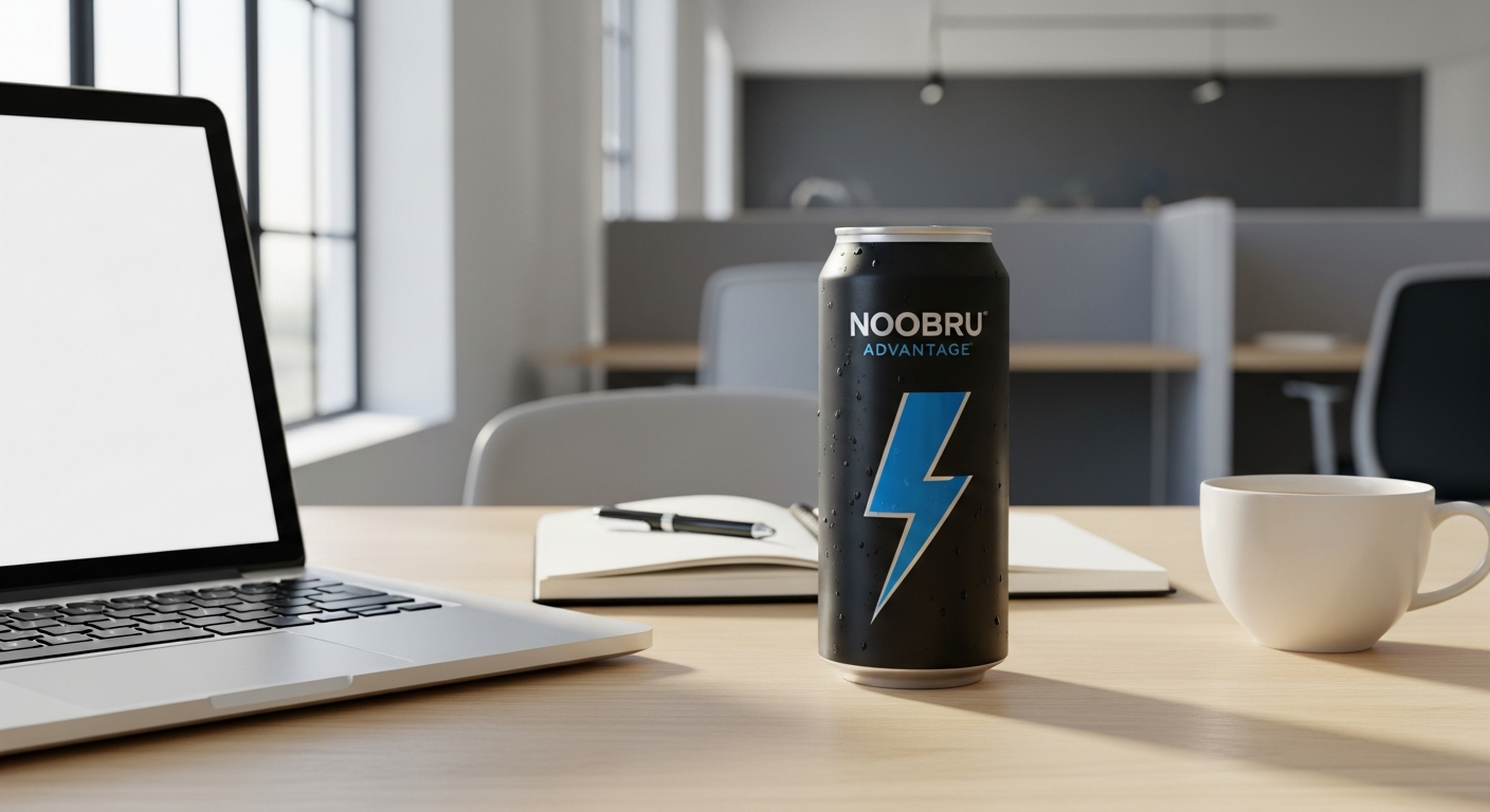 Noobru Advantage Enhanced Memory & Focus Drink powder packet with water glass and brain illustration