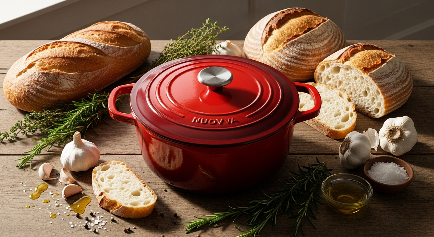 Nuovva enamelled cast iron Dutch oven in teal colour on kitchen countertop
