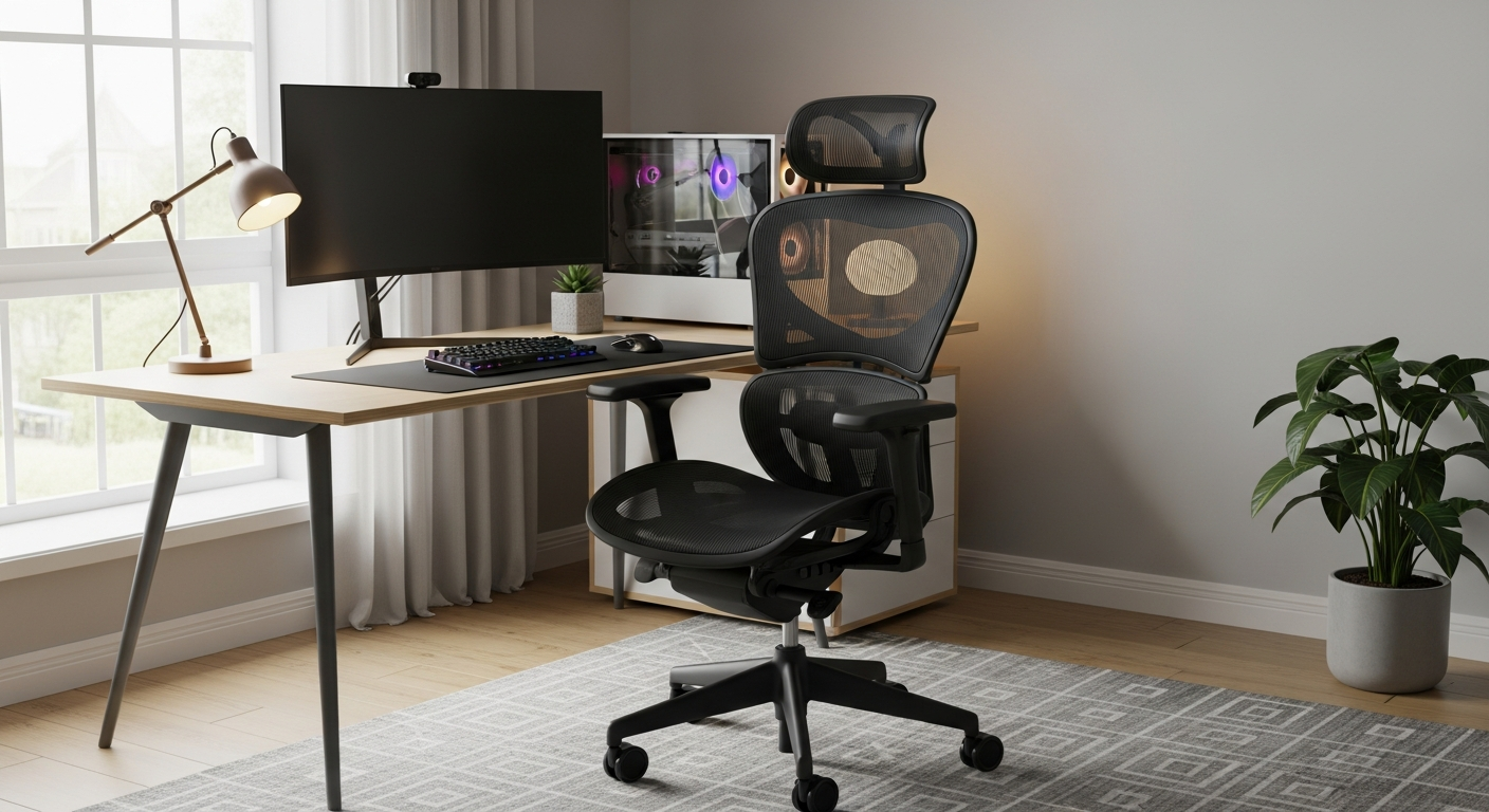 OFM Ergo Mesh Office Chair 540 with breathable mesh back, 4D armrests, and chrome base in modern office setting