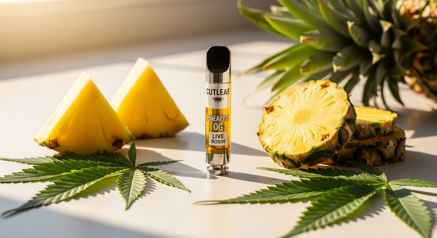 Cutleaf Pineapple OG Live Rosin Disposable Vape product displayed with tropical pineapple and cannabis leaf imagery