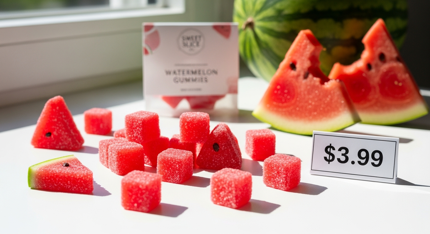 Flying Horse THCP Wild Watermelon Gummies package displayed with fresh watermelon slices and hemp leaves