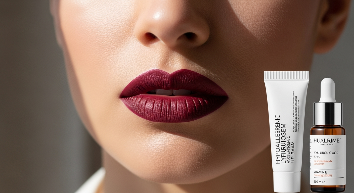 Woman with sensitive lips wearing rich matte hypoallergenic lipstick in bold color