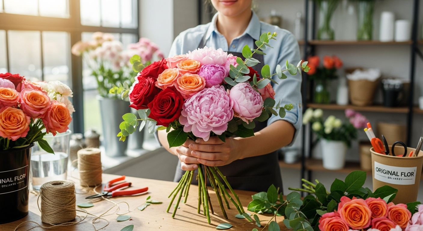 Colorful custom bouquet of fresh flowers arranged in elegant vase with personalized dedication card