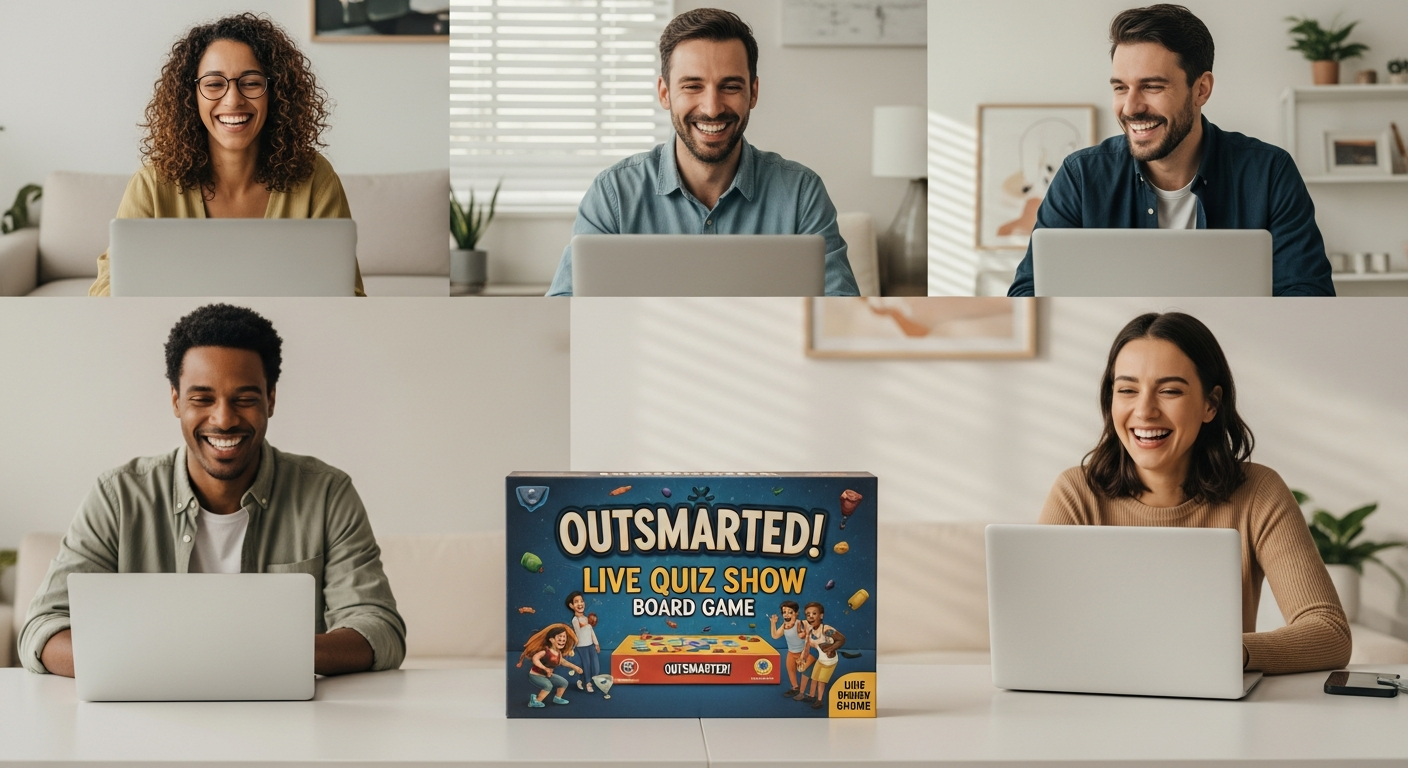 Outsmarted! Live Quiz Show board game displayed with smartphone app interface showing quiz questions and remote players on video call