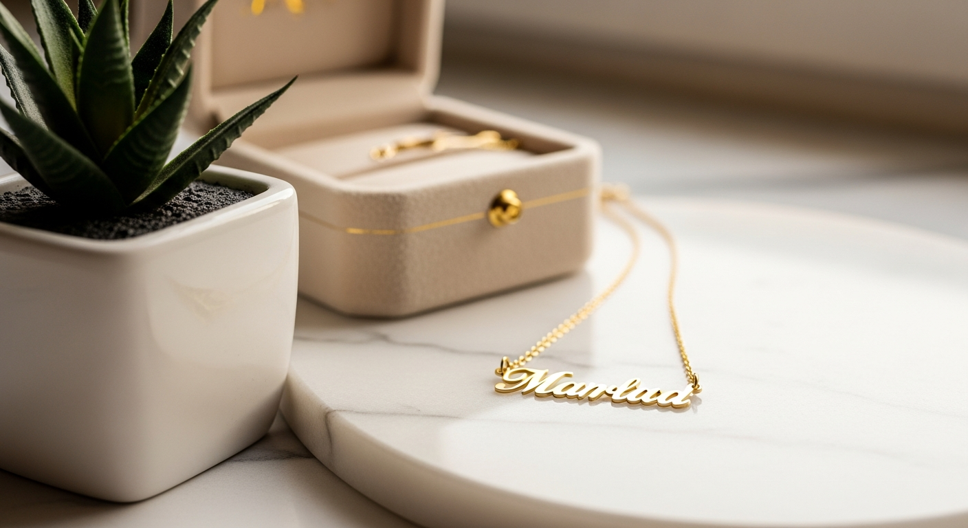 PRYA personalized custom name necklace in gold plating displayed on elegant jewelry stand