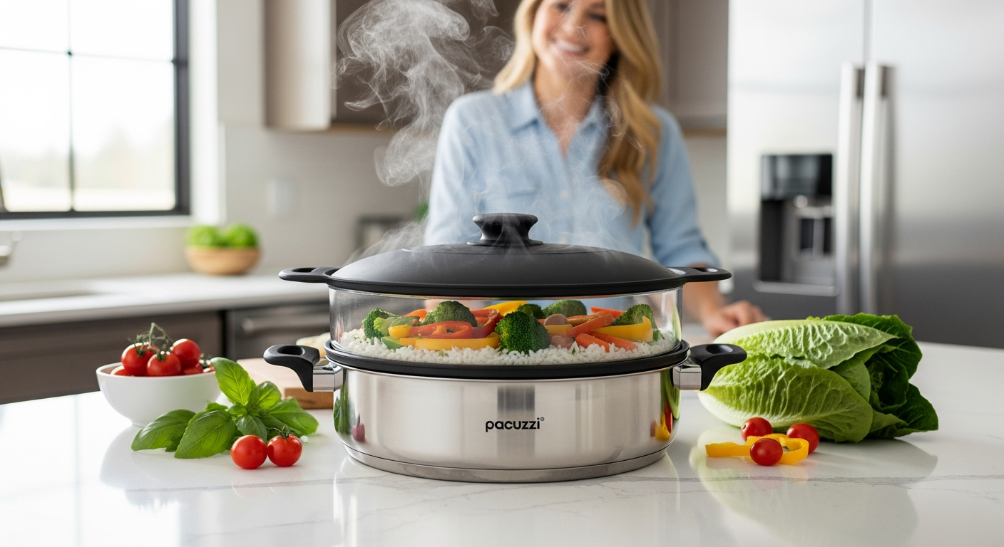 Pacuzzi Silicone Skillet Steamer dome covering a pan of leftover food on stovetop