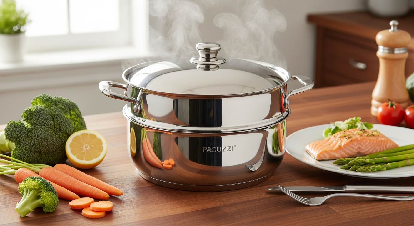 Pacuzzi Skillet Steamer with food-grade silicone design on stovetop with steam rising