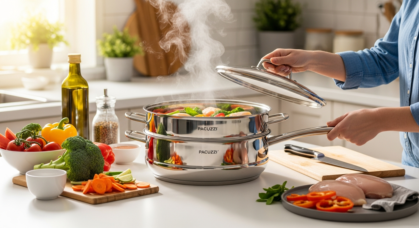 Pacuzzi Skillet Steamer reheating leftover pizza and vegetables on stovetop with steam