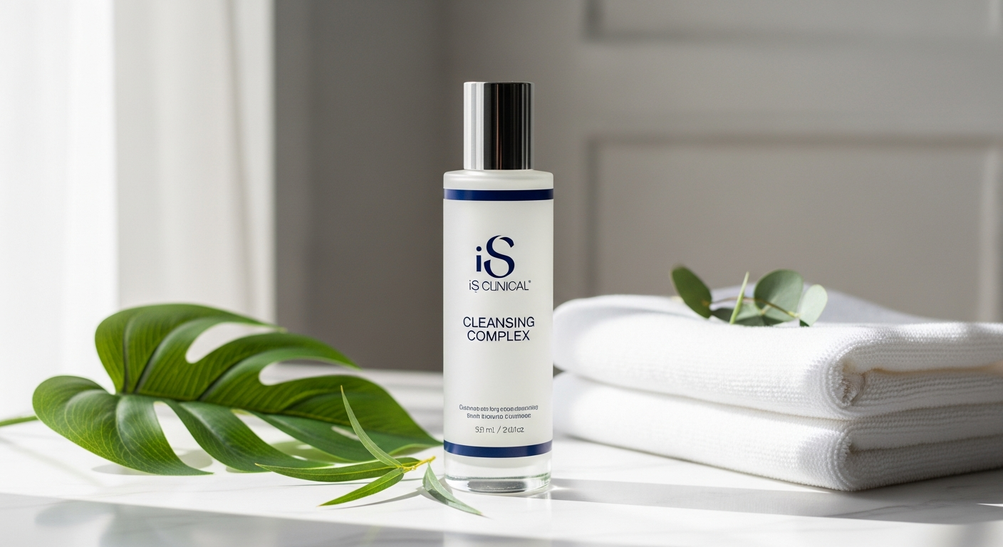 iS Clinical Cleansing Complex gel cleanser bottle with white willow bark and glycolic acid ingredients displayed