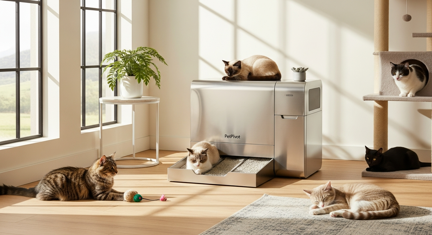 PetPivot AutoScooper self-cleaning litter box with infrared sensors and rotating mechanism for multi-cat households