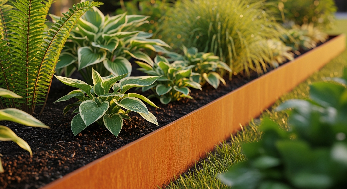 Corten steel garden edging with rich brown patina in modern landscape design