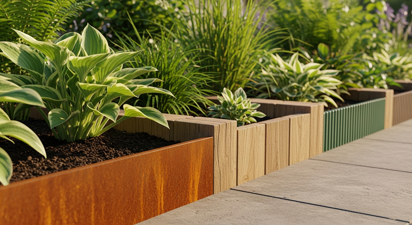 Rusty Corten steel garden edging bordering a modern landscape design with plants
