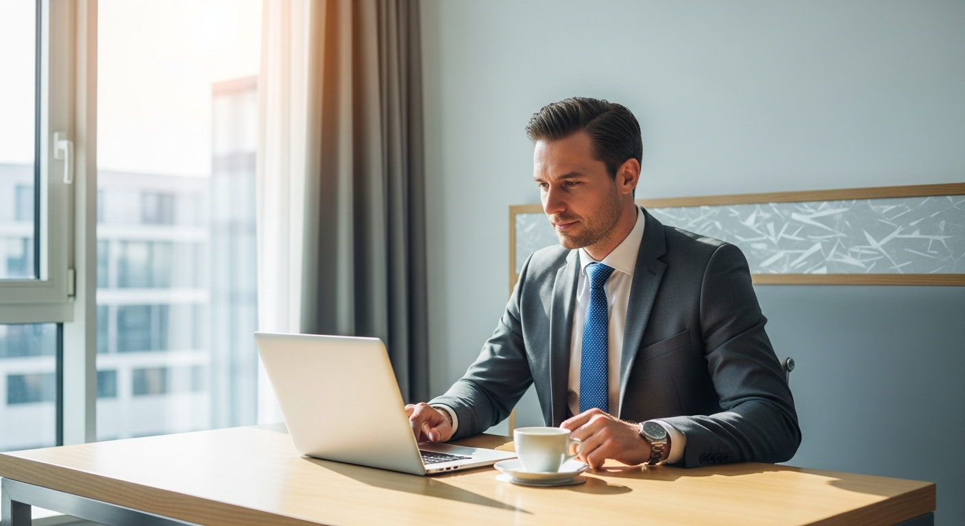 Premier Inn Germany hotel room with comfortable bed, workspace desk, and modern amenities for business travelers