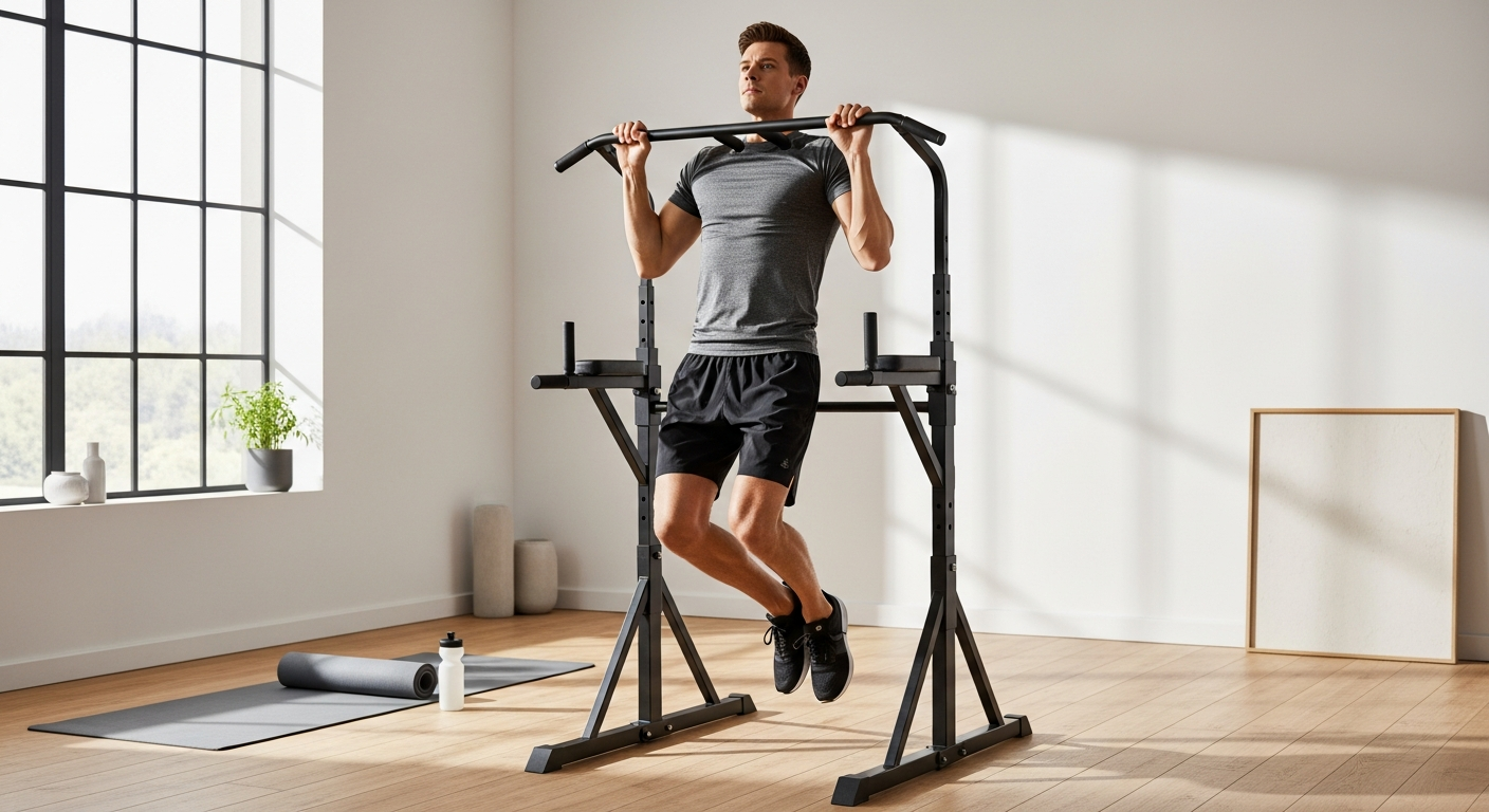 Mobile pull-up and dip bar mounted on wall showing German engineering construction and natural birchwood grip design