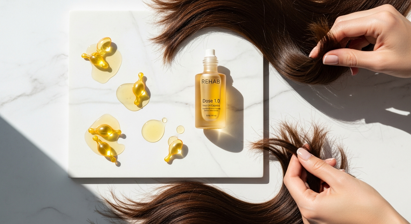 REHAB Dose 1.0 Hair Oil Capsules displayed with natural ingredients and biodegradable packaging