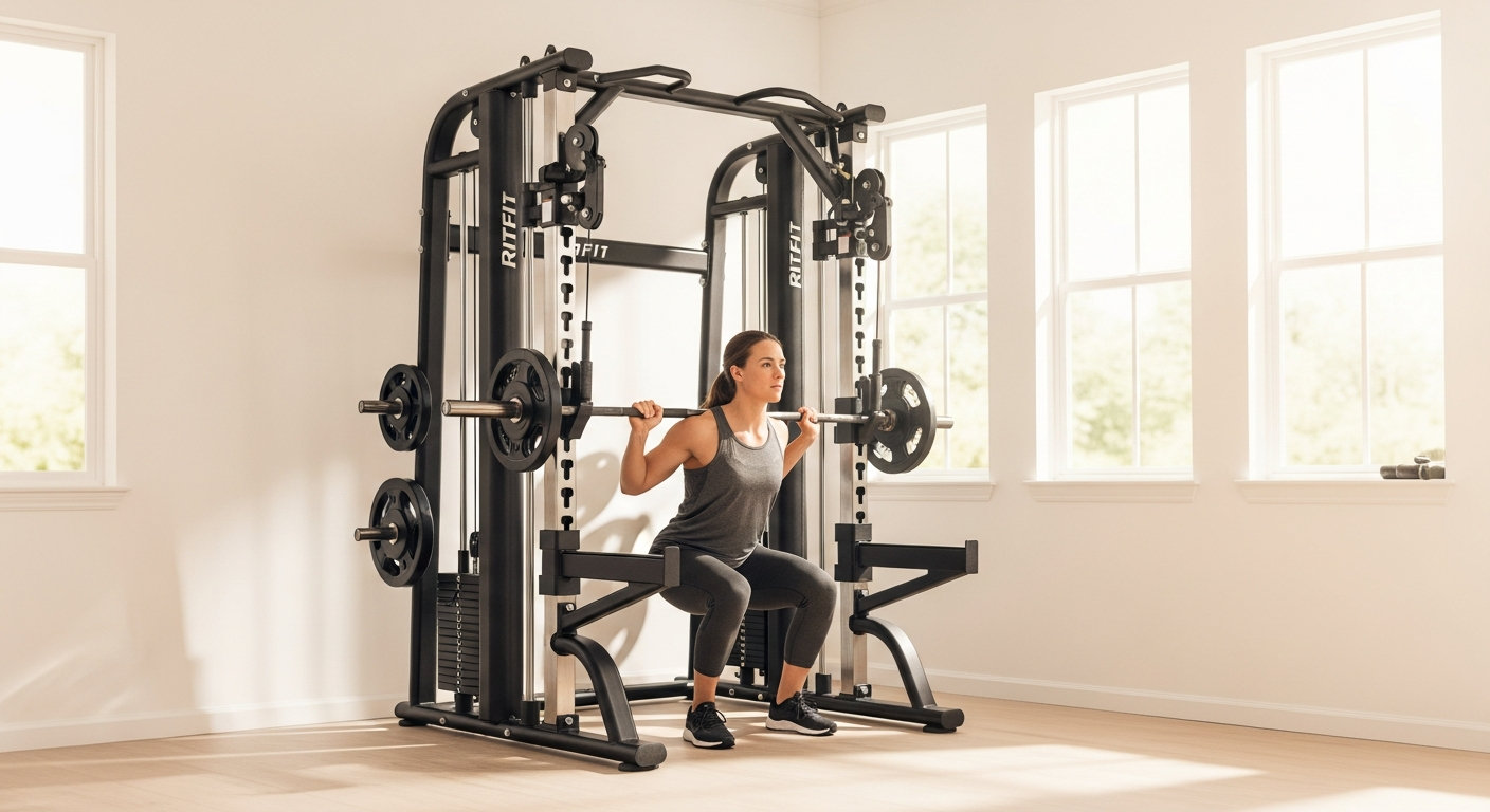 RitFit M1 Multi-Functional Smith Machine in compact home gym setup
