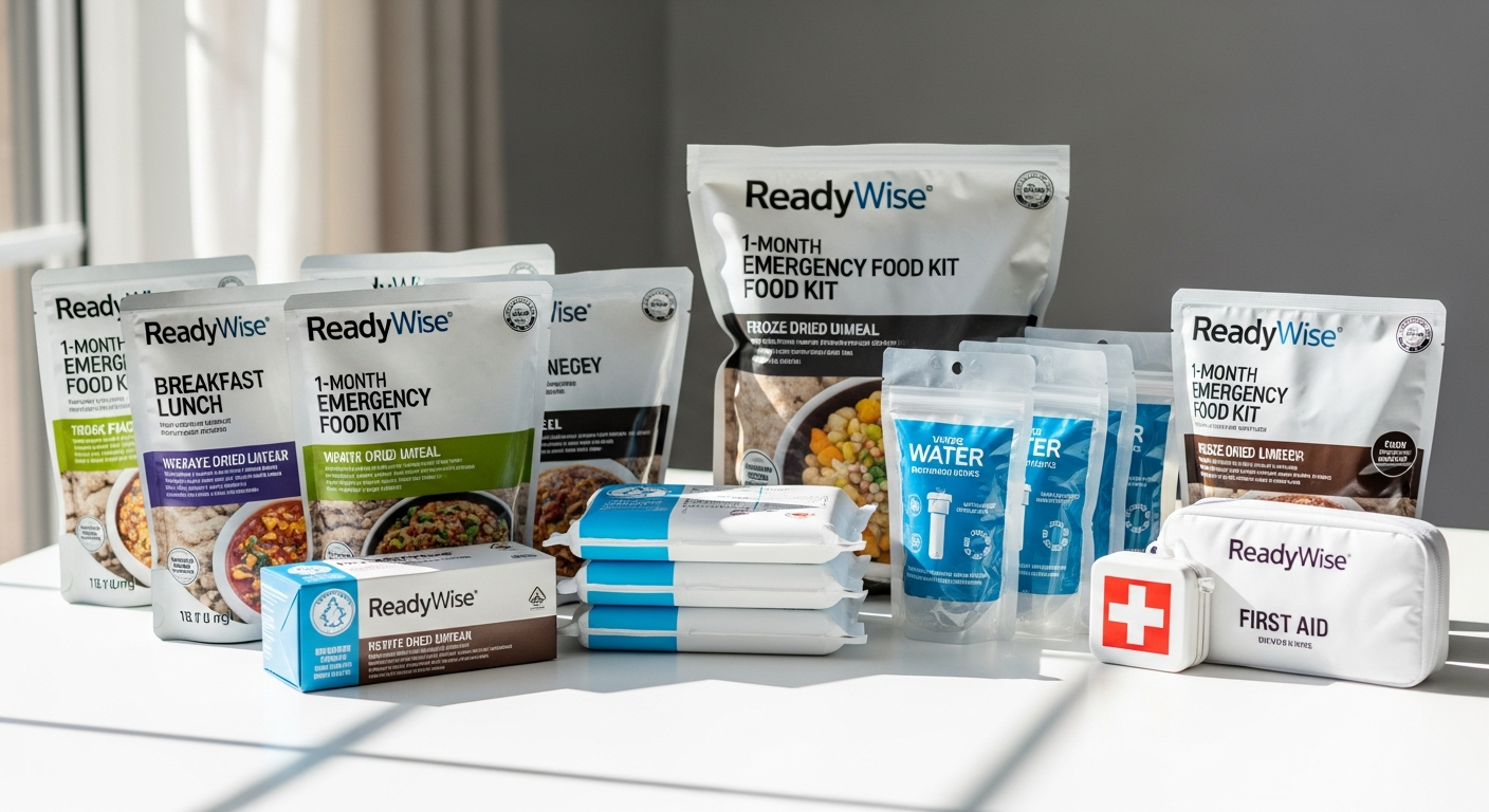 ReadyWise 1-Month Emergency Food Supply Kit stackable buckets and freeze-dried meal pouches