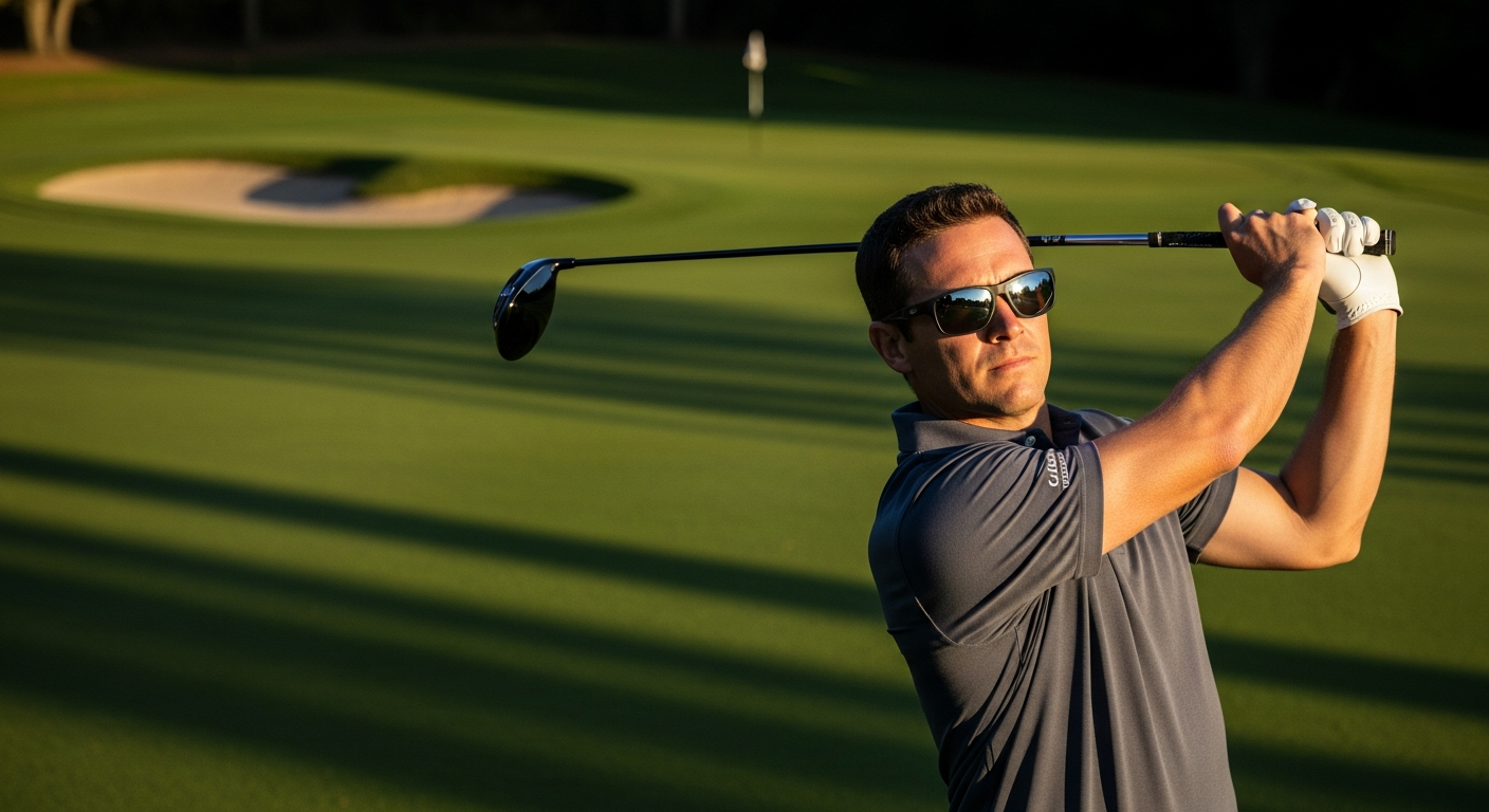 Professional golfer wearing Scheyden CIA Grabber sunglasses on golf course during bright sunny day