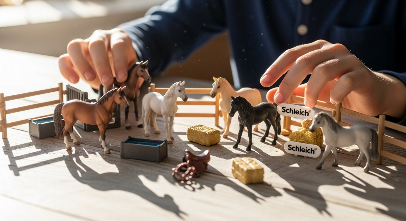 Schleich Horse Stable playset with Mustang figures and detailed farm accessories displayed