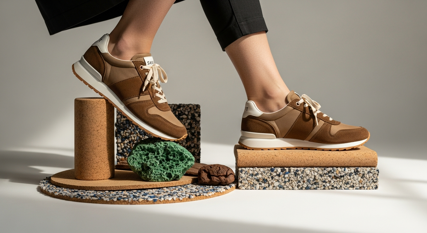 SAYE Modelo '89 vegan sustainable sneakers made from fruit waste materials in neutral earth tones