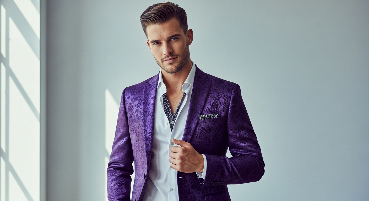 Men's purple paisley prom tuxedo blazer with peak lapels displayed on mannequin