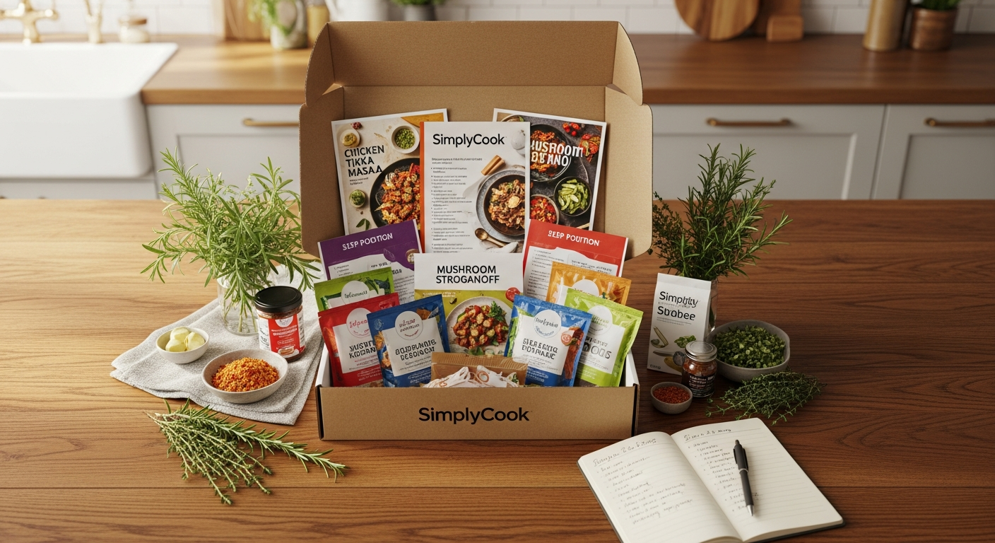 SimplyCook recipe kit subscription box with colorful flavor pots and recipe cards displayed on kitchen counter