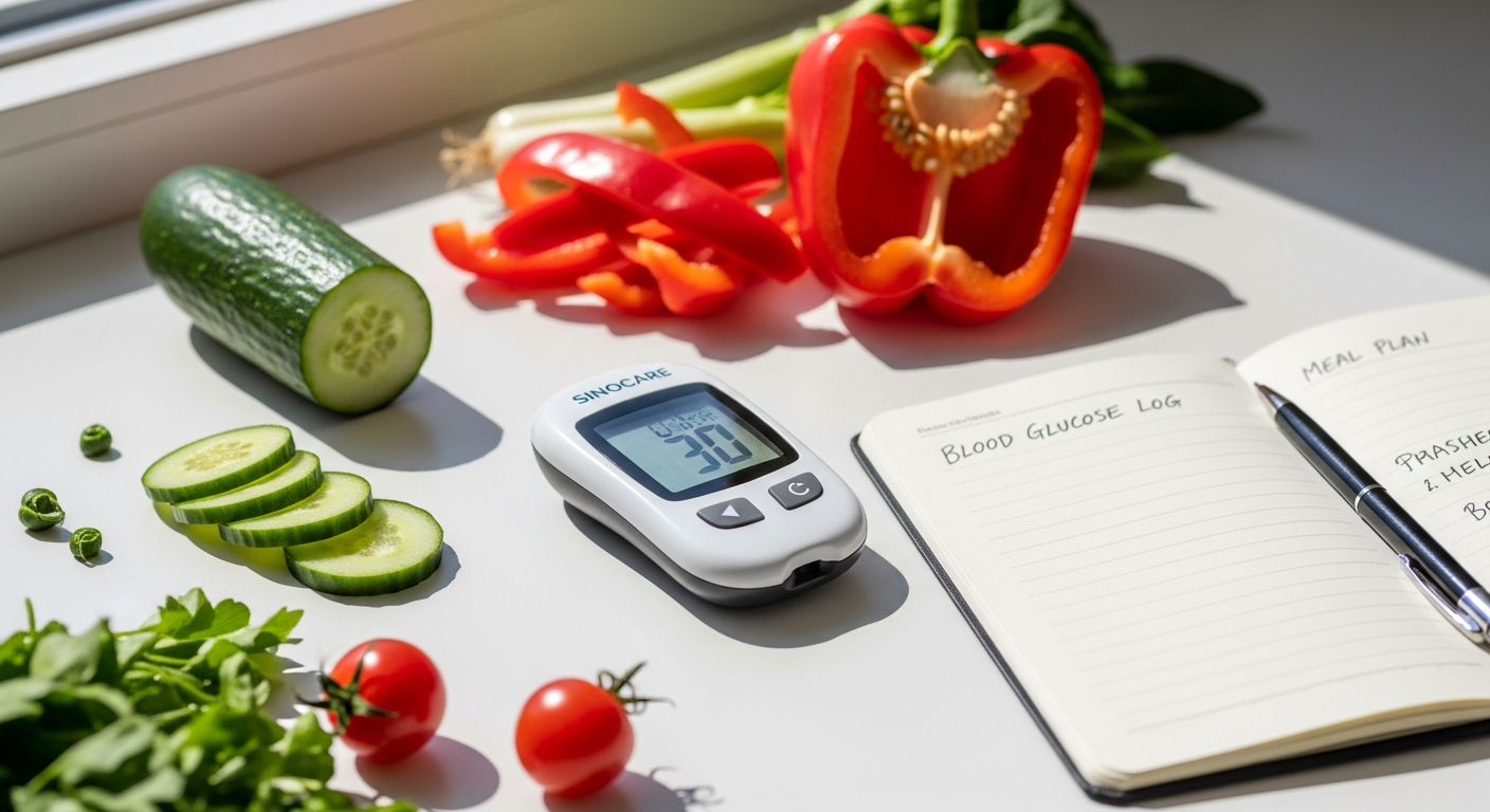 Sinocare Safe Accu blood glucose monitor with test strips and lancing device displayed on white background