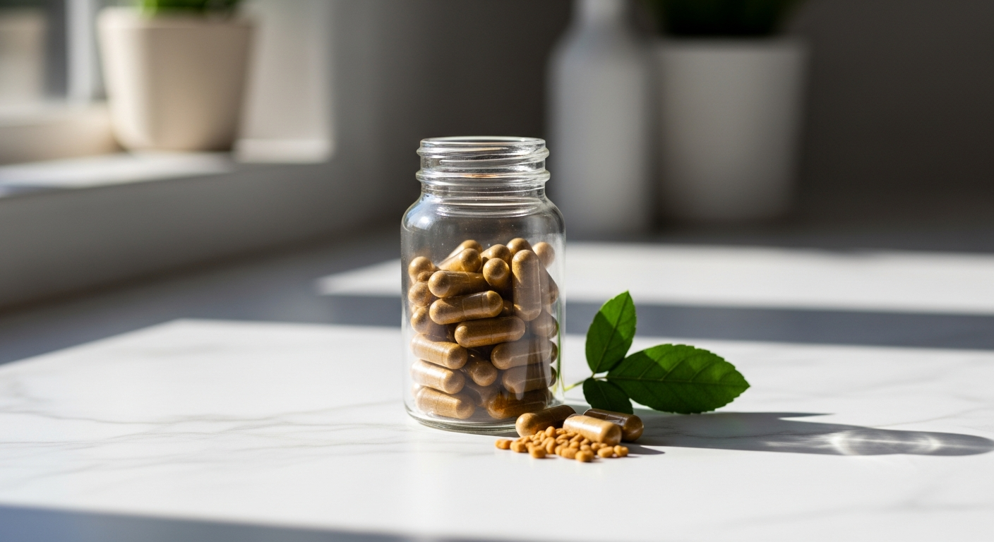 Organic fenugreek capsules displayed with fresh fenugreek seeds and green leaves on white background