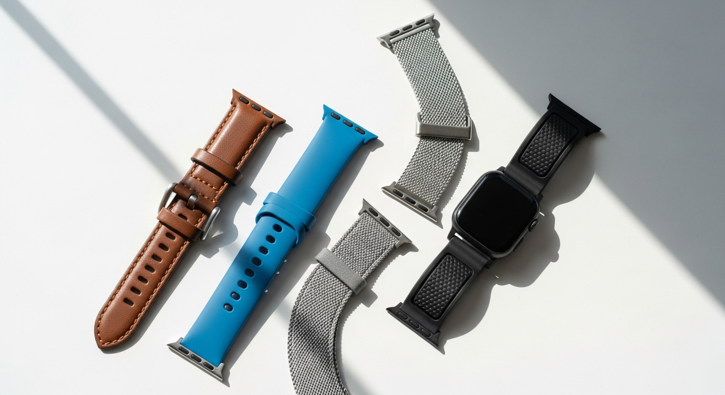 Smartwatch bands displayed in various colors and materials on table