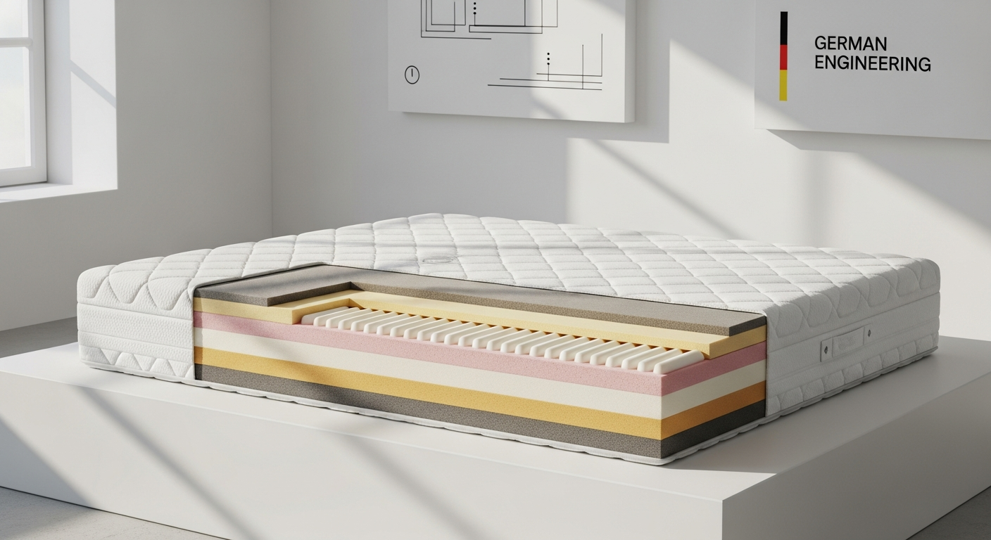 Snooze Project Enno Premium Multi-Foam Mattress displayed in a modern bedroom setting showing construction layers