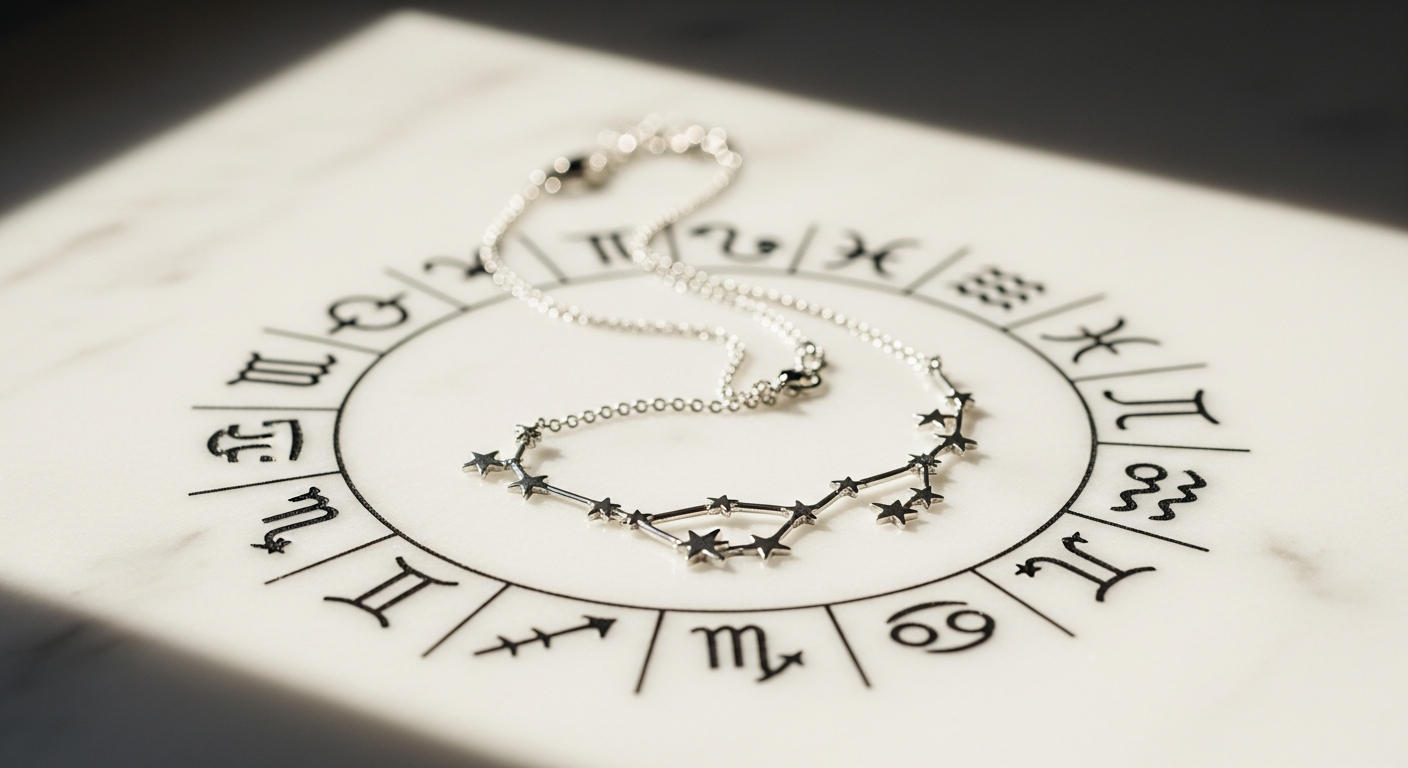 When Stars Align Constellation Necklace with sparkling cubic zirconia zodiac design displayed on elegant jewelry background