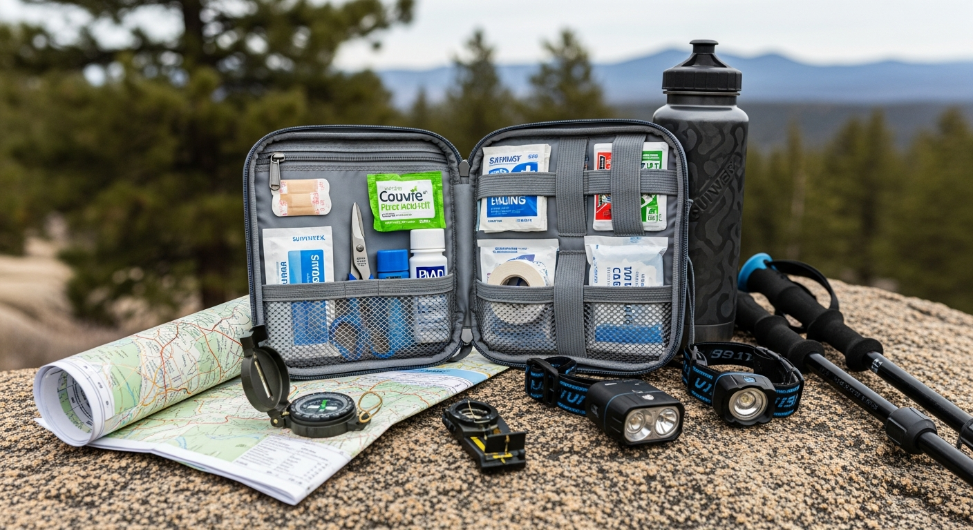 SurviveX Large First Aid Kit with color-coded compartments and MOLLE mounting system displayed on outdoor gear