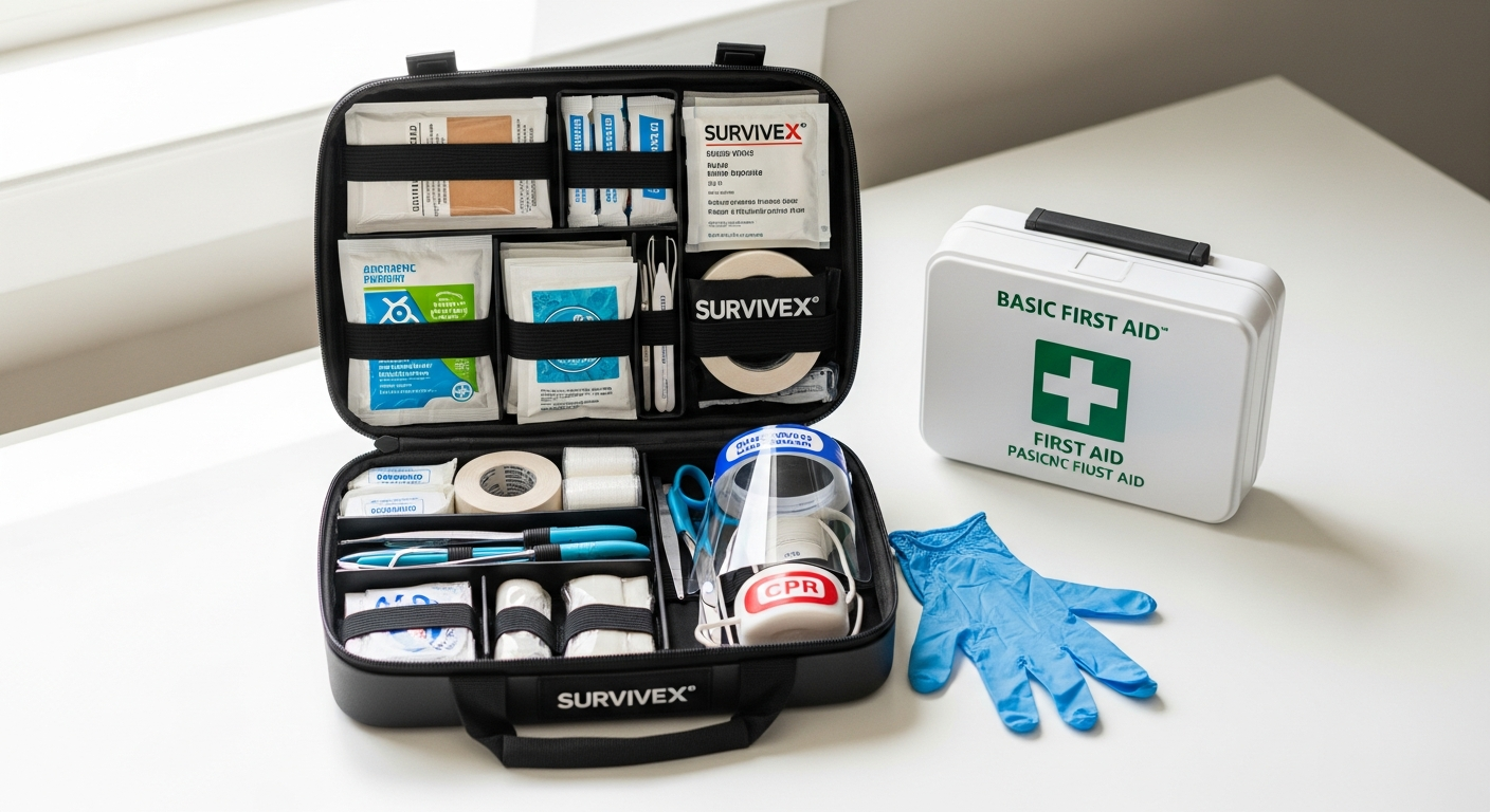 SurviveX Large First Aid Kit with color-coded compartments and professional-grade medical supplies displayed