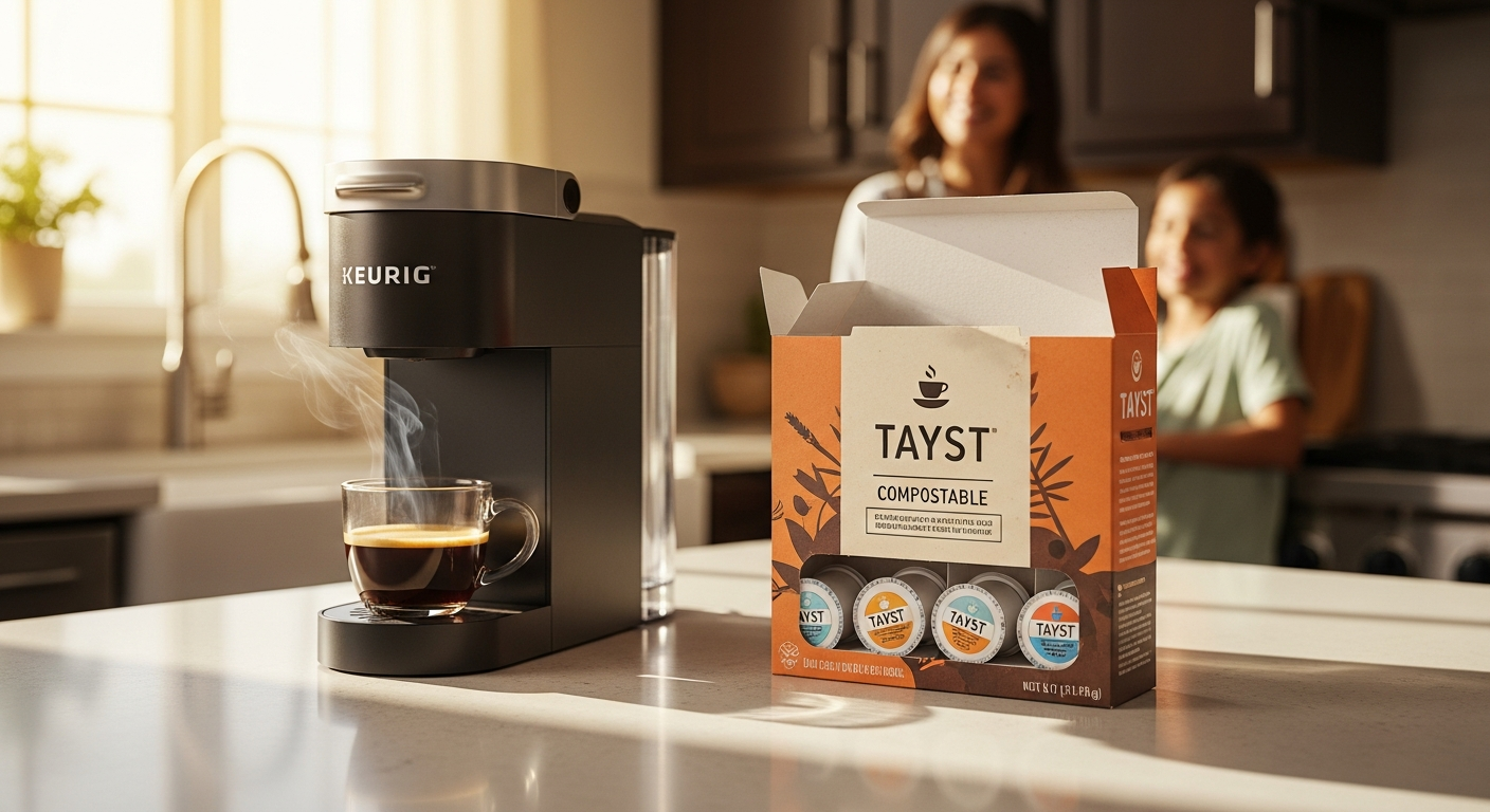 Tayst compostable coffee pods in various flavors displayed next to a Keurig brewer