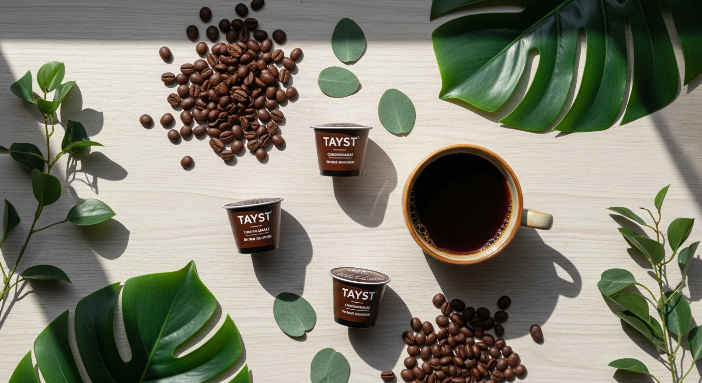 Tayst compostable coffee pods in various blend varieties displayed with fresh roasted beans