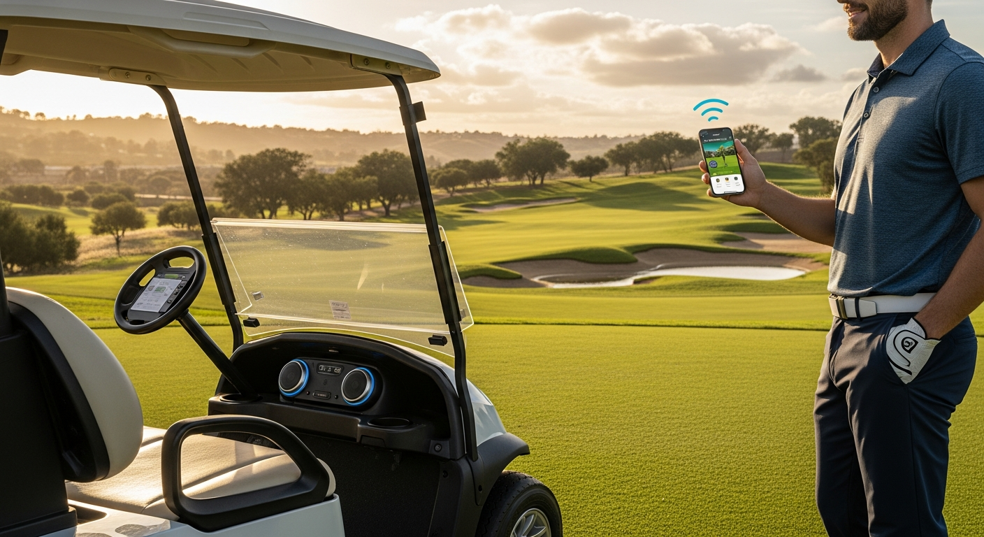 TeeBoxx Golf Cart Speaker Charger with magnetic mount and wireless charging displayed on golf cart