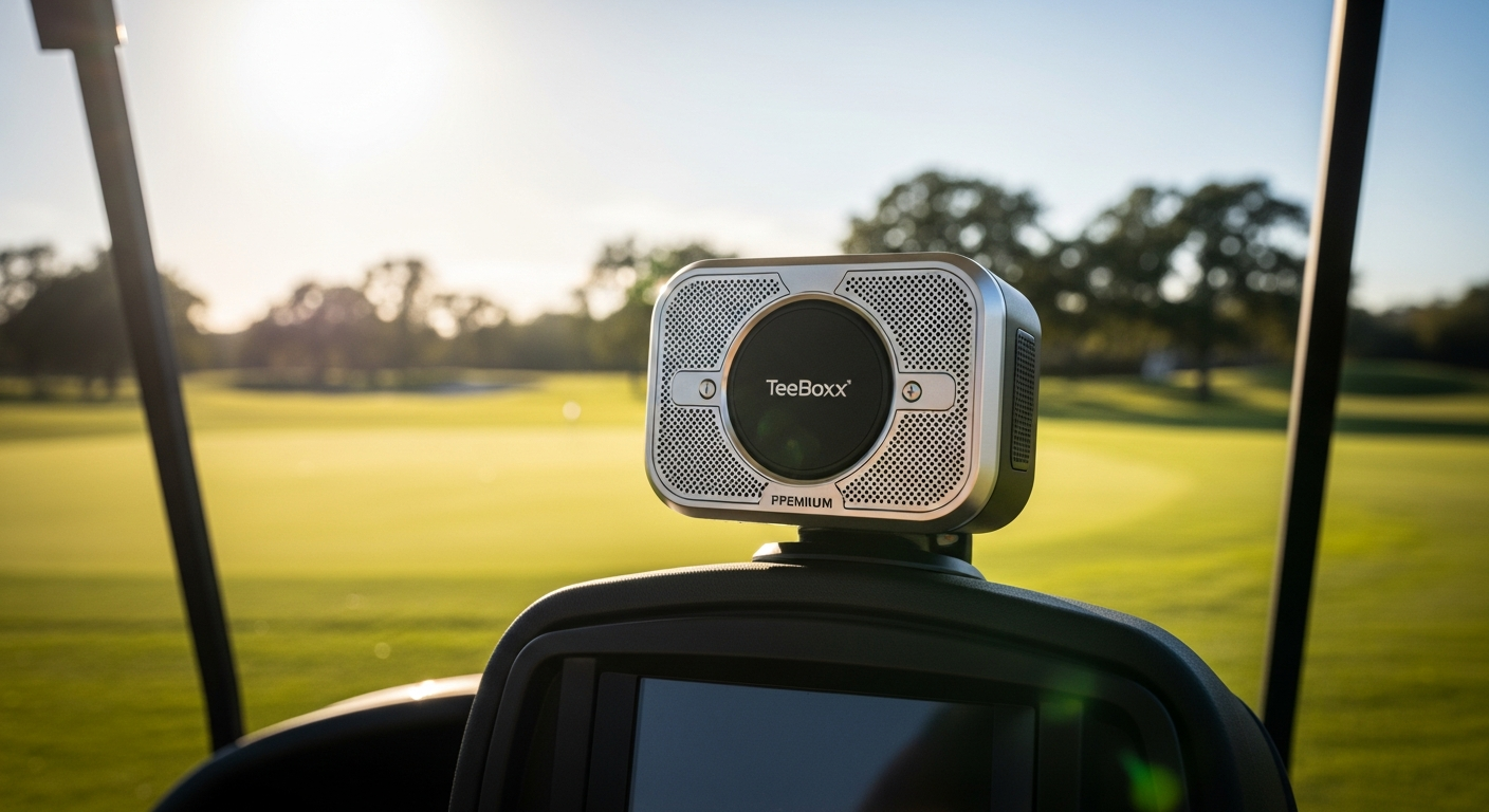 TeeBoxx Golf Cart Speaker Charger mounted on golf cart with wireless charging pad and Bluetooth speaker integrated design