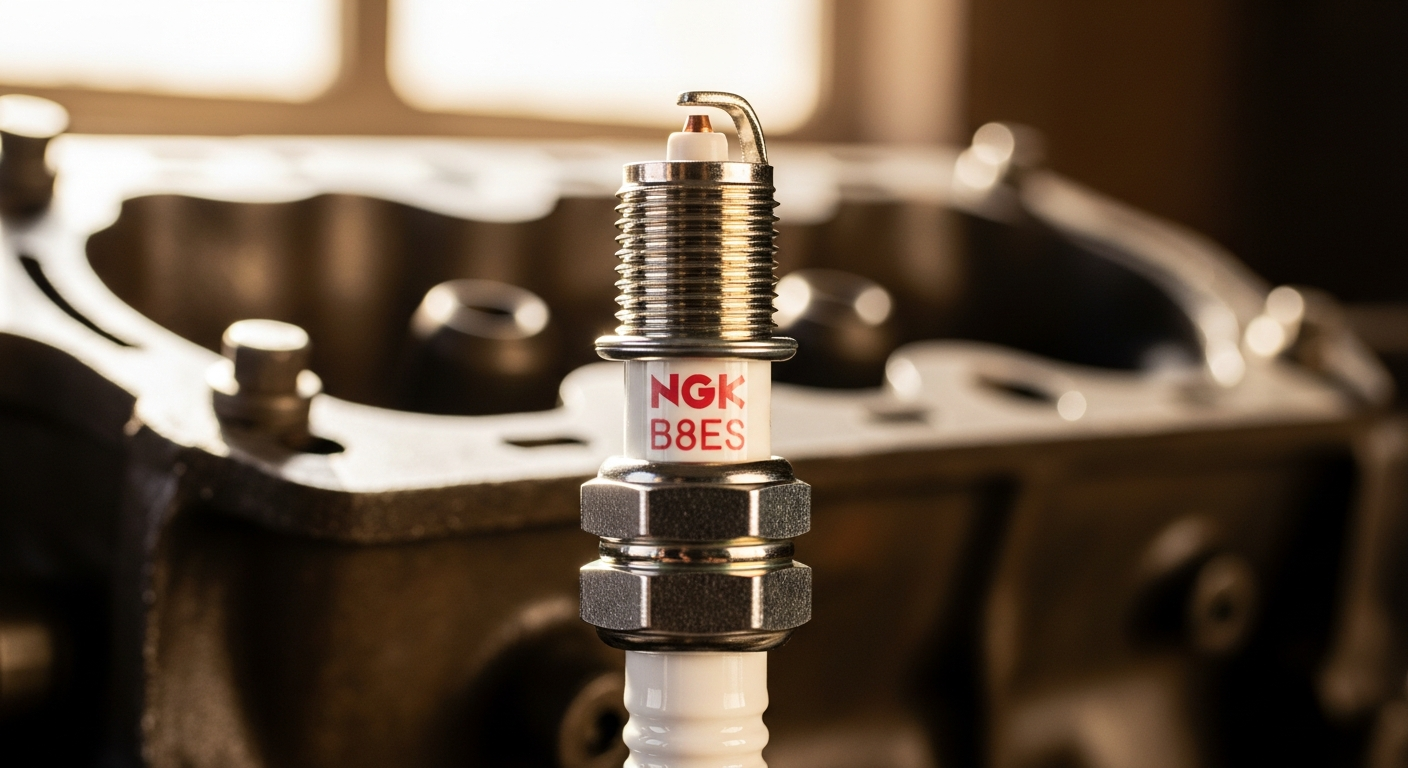 NGK B8ES copper core spark plug displayed next to classic vintage engine block