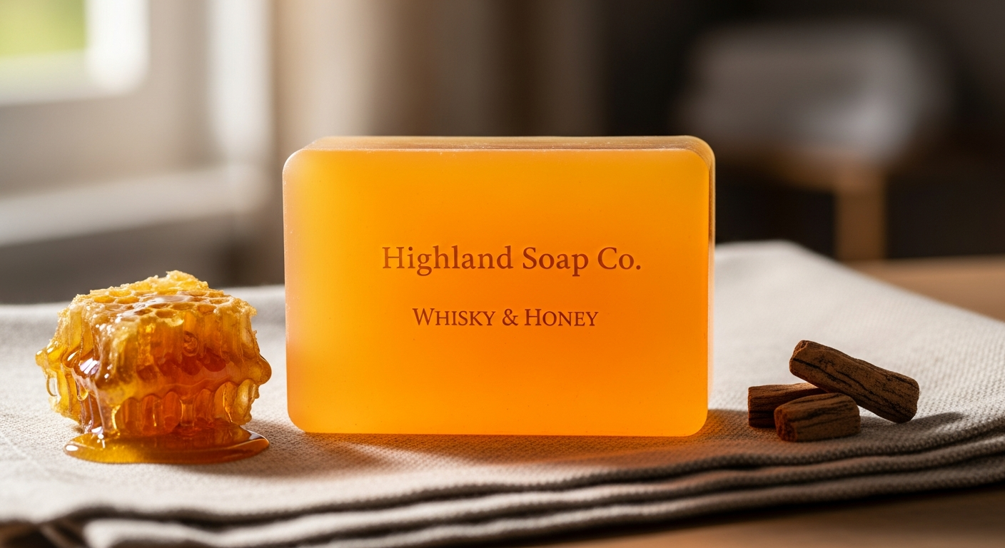 Highland Soap Co. Whisky and Honey organic soap bar with natural ingredients displayed